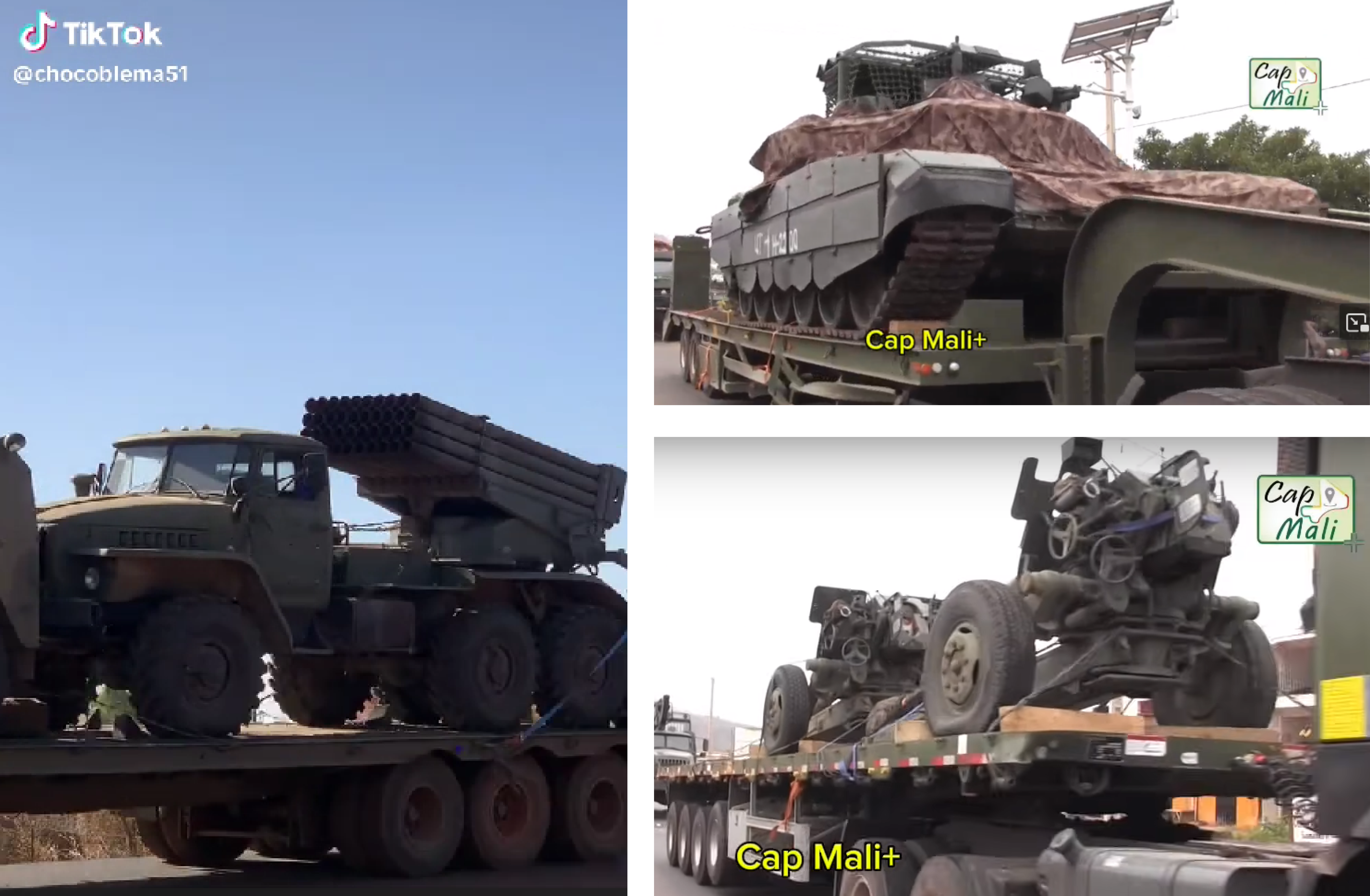 Left, a BM-21 “Grad” MLRS filmed in Mali by a local (source: chocoblema51 on Tik Tok); Above right, a T-72B3 tank with a “cope cage” filmed on arrival in Bamako in January 2025 (source: Cap Mali+ on Facebook); Bottom right, a D-30 howitzer also filmed on arrival in Bamako in January 2025 (source: Cap Mali+ on Facebook).