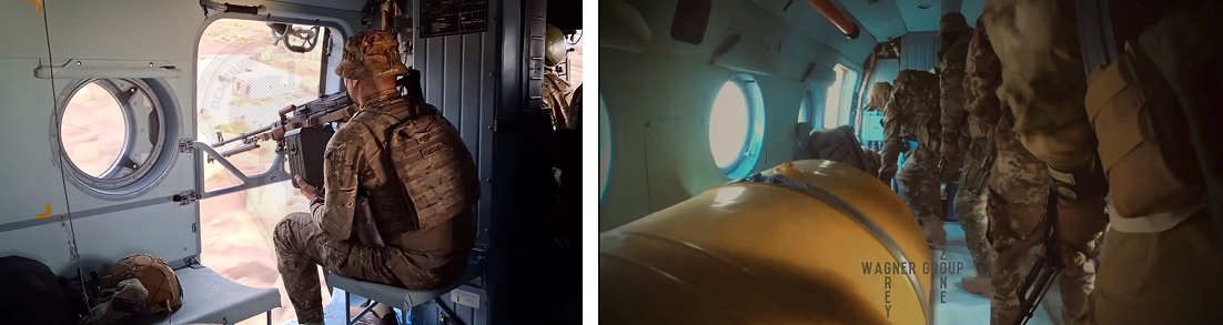 Left, Africa Corps personnel in an Mi-8AMTSh (source: KorpusAfrica on Telegram); Right, Wagner Group personnel in a different Mi-8 in Mali (source: Grey Zone on Telegram).